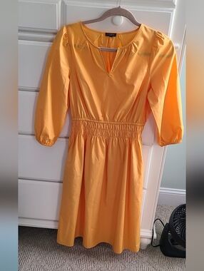 Talbots Petite Smocked Poplin Midi Dress Bright Marigold Split Neck Women’s 4P